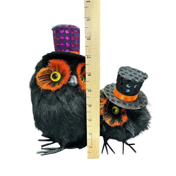 Halloween Black Feathered Owls with Sparkly Top Hats • Set of 2 • Gothic Decor - Picture 3 of 3